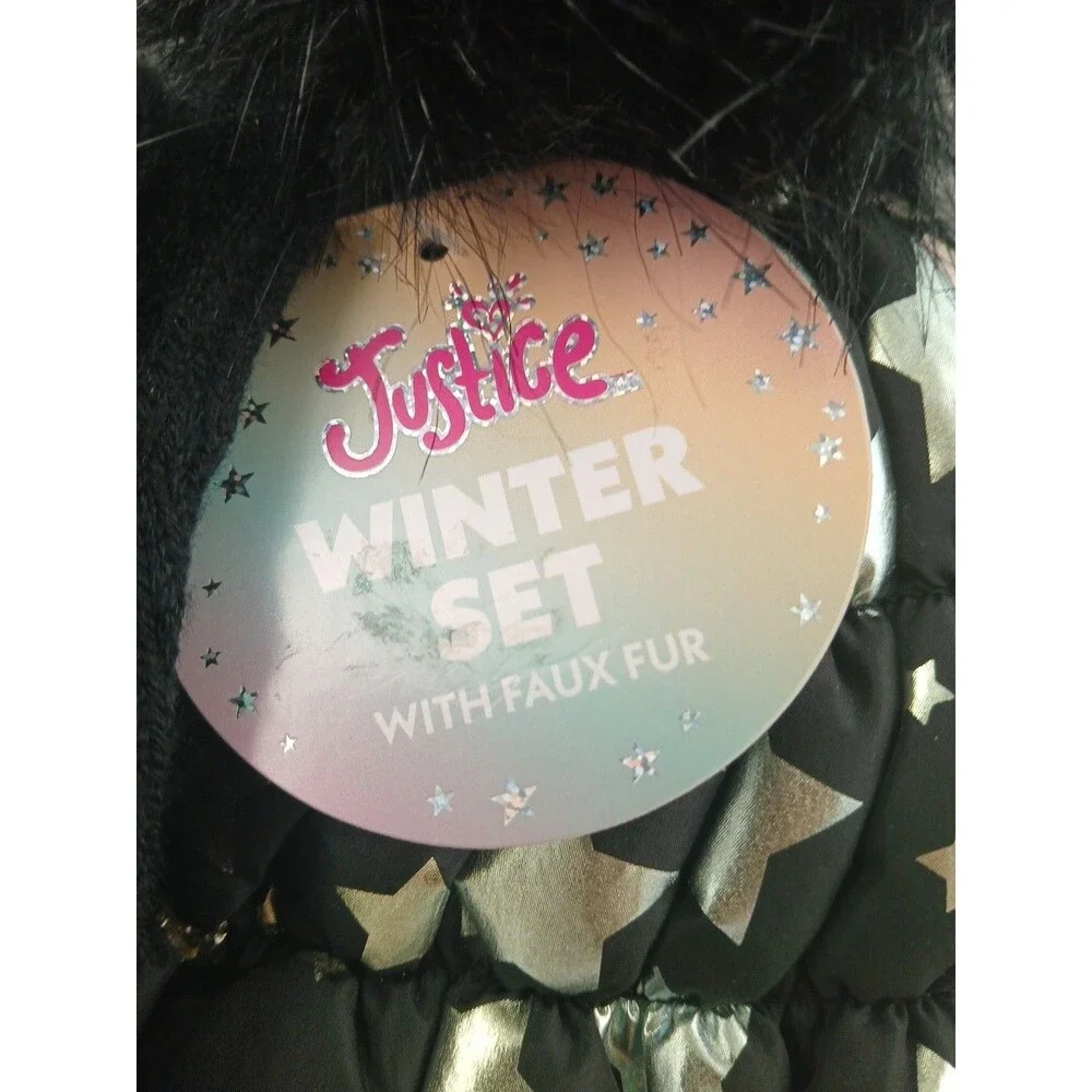 Justice Winter Hat & Gloves Set w/Faux Fur Pom-Pom-Black w/Metallic Stars-NEW!